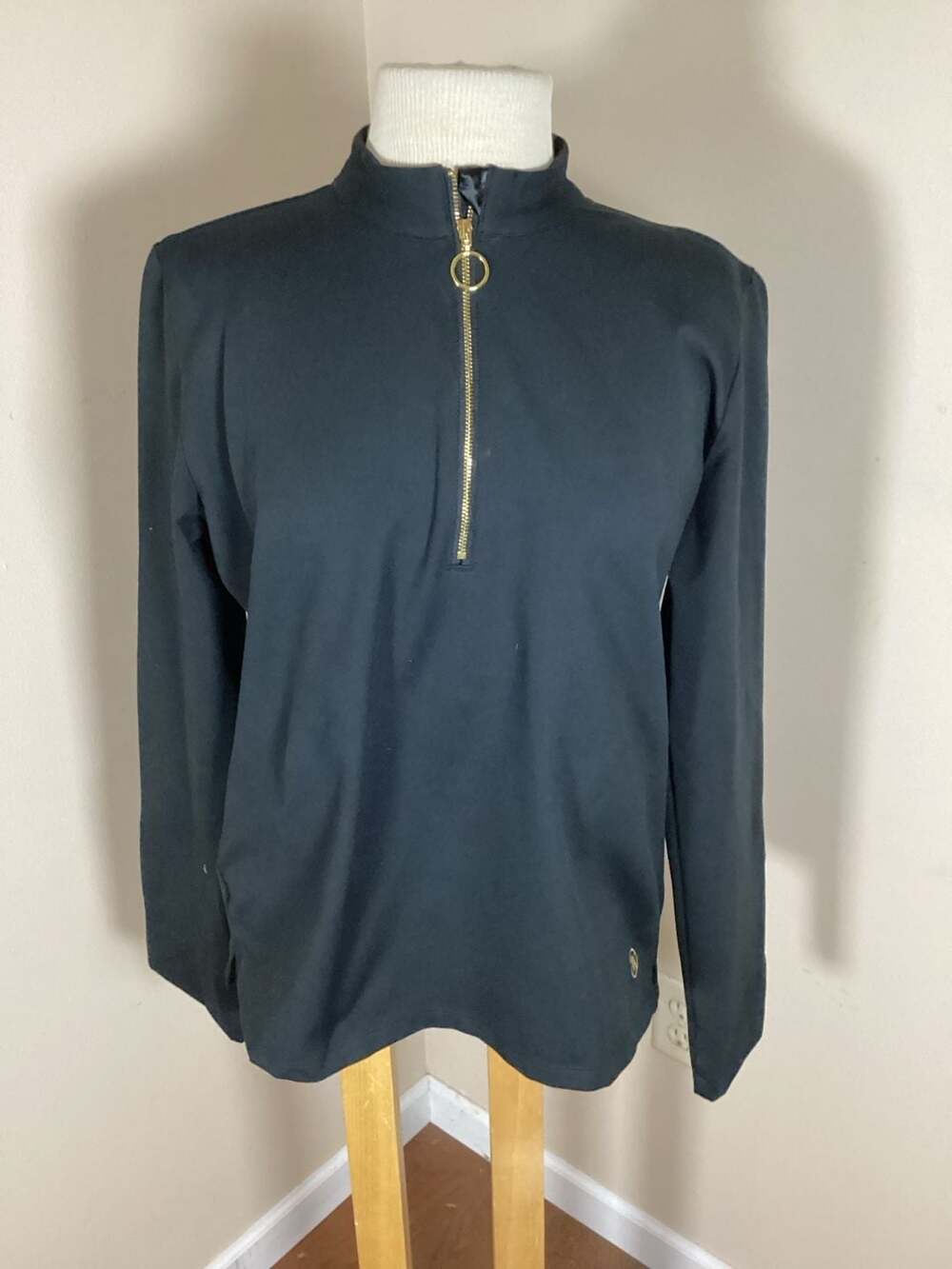 Ambernoon Women's Half-Zip Long Sleeve Pullover in Black with Gold Hardware